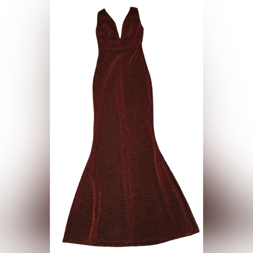 Burgundy sparkling fit to flare floor length gown.